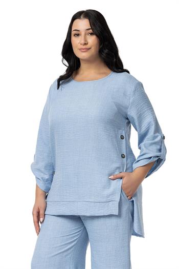 Büyük Beden Yanları Düğme Detaylı Bluz Pantolon Mavi İkili Takım