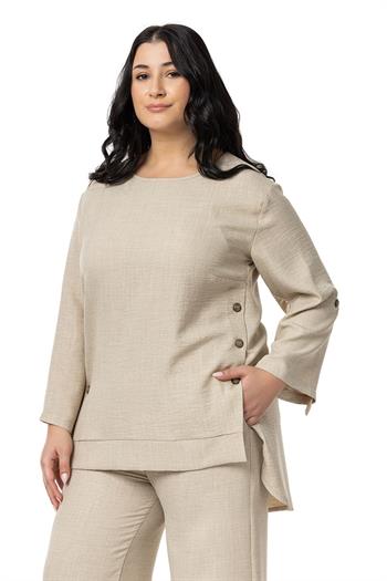 Büyük Beden Yanları Düğme Detaylı Bluz Pantolon Bej Rengi İkili Takım