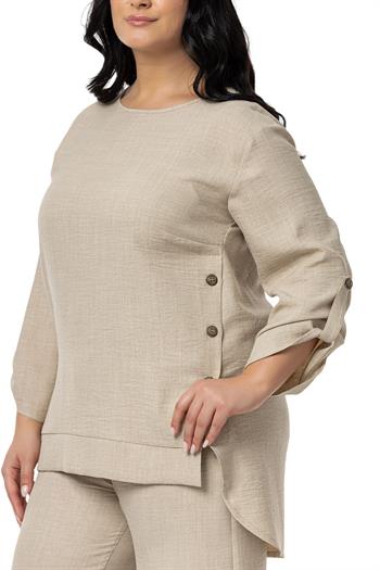 Büyük Beden Yanları Düğme Detaylı Bluz Pantolon Bej Rengi İkili Takım