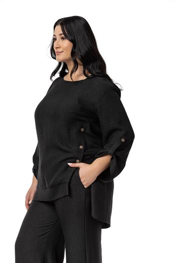 Büyük Beden Yanları Düğme Detaylı Bluz Pantolon Siyah İkili Takım