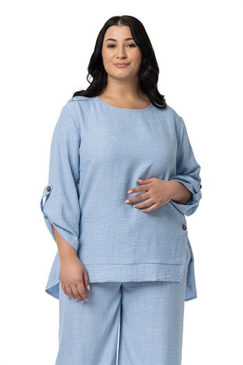 Büyük Beden Yanları Düğme Detaylı Bluz Pantolon Mavi İkili Takım