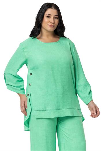 Büyük Beden Yanları Düğme Detaylı Bluz Pantolon Yeşil İkili Takım