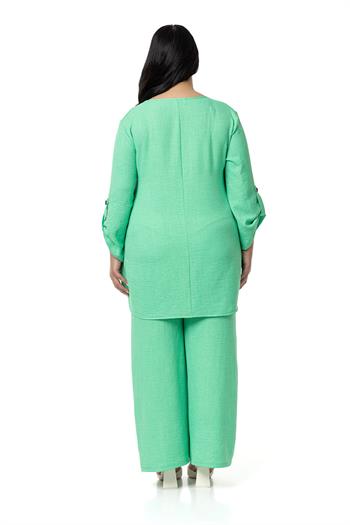 Büyük Beden Yanları Düğme Detaylı Bluz Pantolon Yeşil İkili Takım