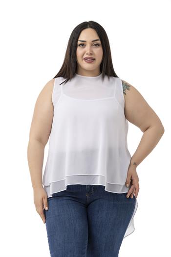 Büyük Beden Arkadan Düğmeli Asimetrik Kesim Çift Kat Şifon Beyaz Bluz