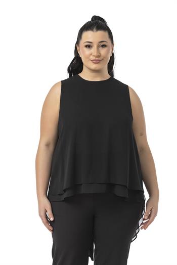 Büyük Beden Arkadan Düğmeli Asimetrik Kesim Çift Kat Şifon Siyah Bluz
