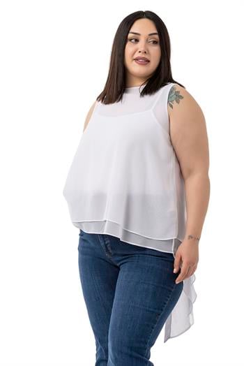 Büyük Beden Arkadan Düğmeli Asimetrik Kesim Çift Kat Şifon Beyaz Bluz