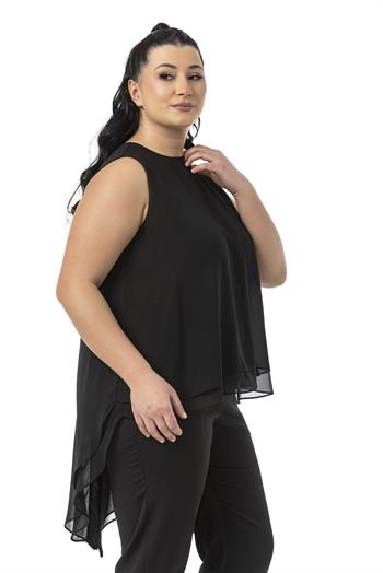 Büyük Beden Arkadan Düğmeli Asimetrik Kesim Çift Kat Şifon Siyah Bluz