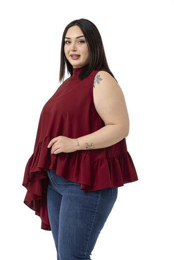 Büyük Beden Asimetrik Kesim Eteği Fırfırlı Yarım Dik Yaka Bordo Bluz