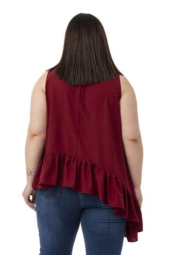 Büyük Beden Asimetrik Kesim Eteği Fırfırlı Yarım Dik Yaka Bordo Bluz