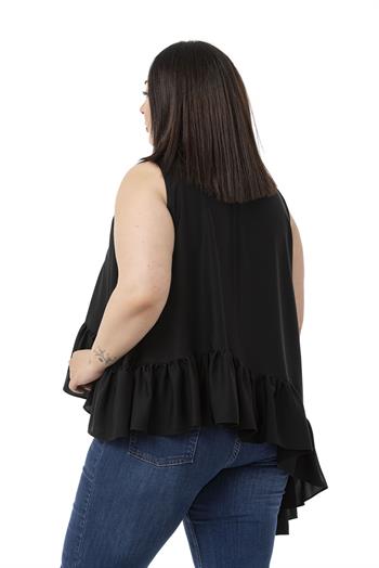 Büyük Beden Asimetrik Kesim Eteği Fırfırlı Yarım Dik Yaka Siyah Bluz