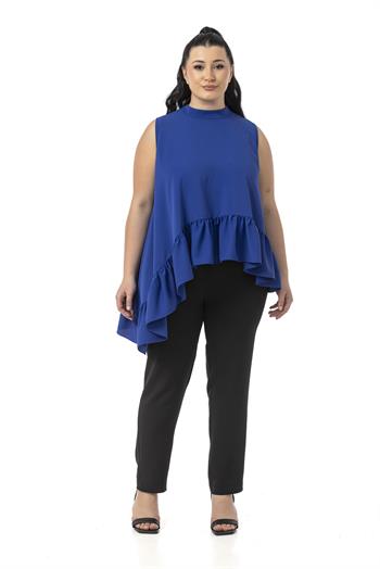 Büyük Beden Asimetrik Kesim Eteği Fırfırlı Yarım Dik Yaka Saks Mavi Bluz