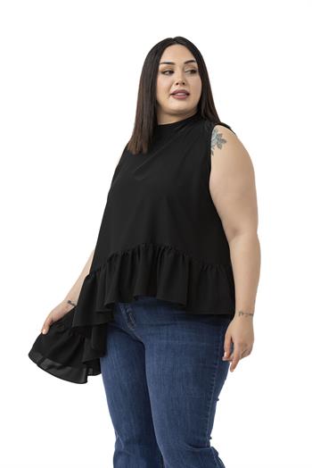 Büyük Beden Asimetrik Kesim Eteği Fırfırlı Yarım Dik Yaka Siyah Bluz
