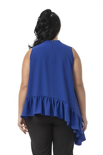 Büyük Beden Asimetrik Kesim Eteği Fırfırlı Yarım Dik Yaka Saks Mavi Bluz