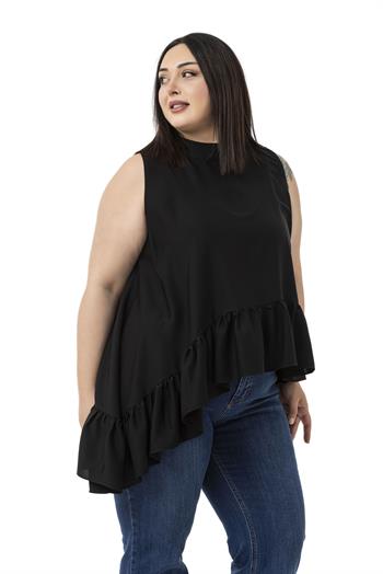 Büyük Beden Asimetrik Kesim Eteği Fırfırlı Yarım Dik Yaka Siyah Bluz