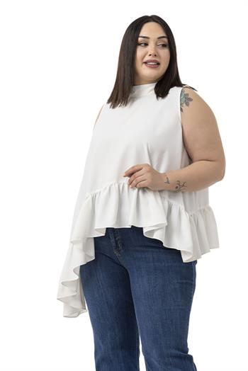 Büyük Beden Asimetrik Kesim Eteği Fırfırlı Yarım Dik Yaka Beyaz Bluz