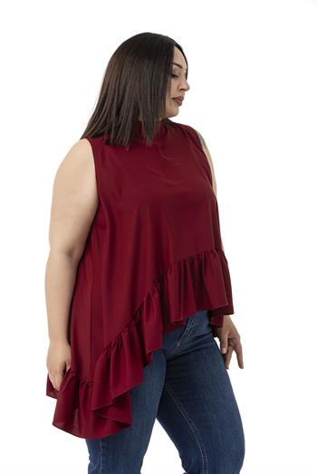 Büyük Beden Asimetrik Kesim Eteği Fırfırlı Yarım Dik Yaka Bordo Bluz