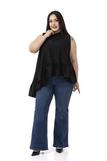 Büyük Beden Asimetrik Kesim Eteği Fırfırlı Yarım Dik Yaka Siyah Bluz
