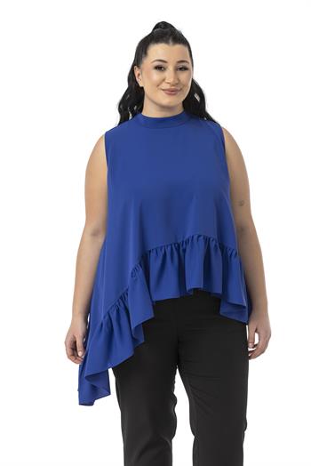 Büyük Beden Asimetrik Kesim Eteği Fırfırlı Yarım Dik Yaka Saks Mavi Bluz