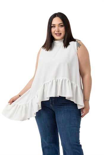 Büyük Beden Asimetrik Kesim Eteği Fırfırlı Yarım Dik Yaka Beyaz Bluz