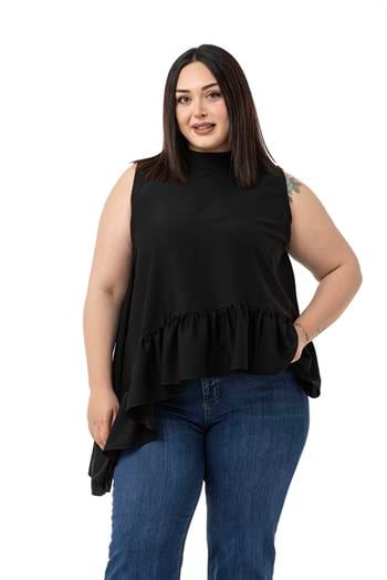 Büyük Beden Asimetrik Kesim Eteği Fırfırlı Yarım Dik Yaka Siyah Bluz