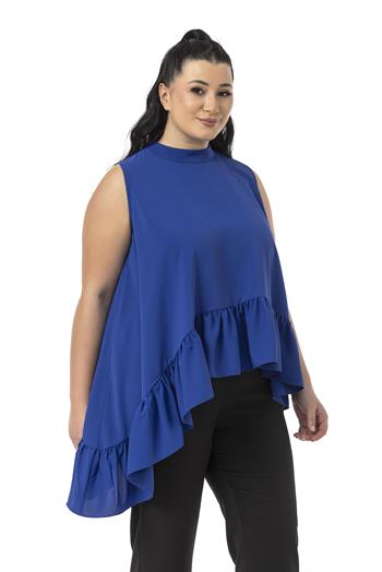 Büyük Beden Asimetrik Kesim Eteği Fırfırlı Yarım Dik Yaka Saks Mavi Bluz