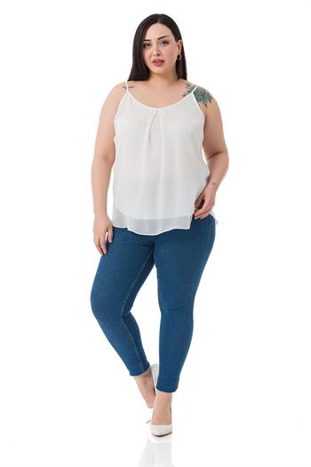 Büyük Beden Ayarlanabilir İnce Askılı Önü Pileli Astarlı Şifon Beyaz Bluz