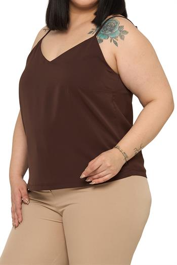 Büyük Beden Ayarlanabilir İnce Askılı V Yaka Kahverengi Bluz