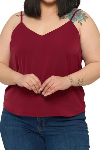 Büyük Beden Ayarlanabilir İnce Askılı V Yaka Bordo Bluz