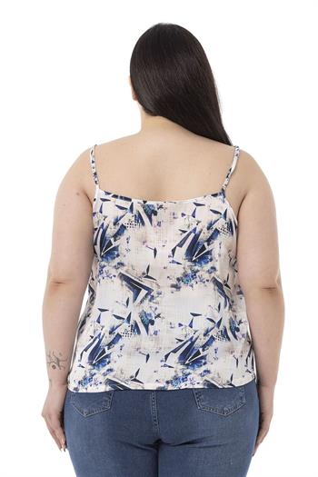 Plus Size Adjustable Thin Straps Front Buttoned Floral Patterned Navy Blue Blouse