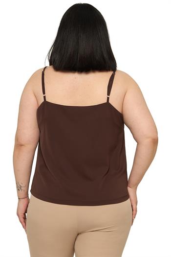 Büyük Beden Ayarlanabilir İnce Askılı V Yaka Kahverengi Bluz