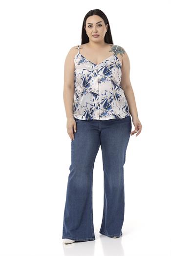 Plus Size Adjustable Thin Straps Front Buttoned Floral Patterned Navy Blue Blouse