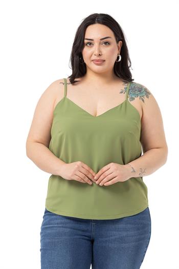 Büyük Beden Ayarlanabilir İnce Askılı V Yaka Fıstık Yeşili Bluz