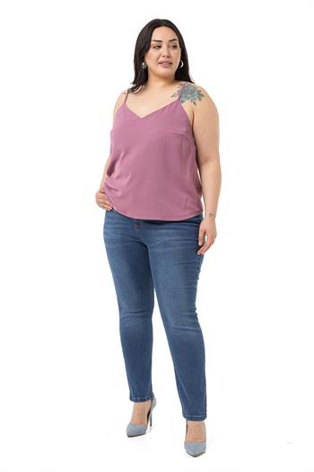 Büyük Beden Ayarlanabilir İnce Askılı V Yaka Gül Kurusu Bluz
