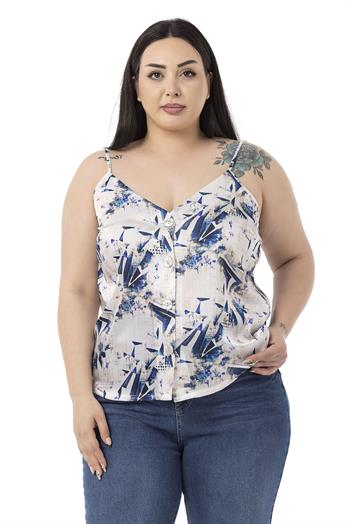 Plus Size Adjustable Thin Straps Front Buttoned Floral Patterned Navy Blue Blouse