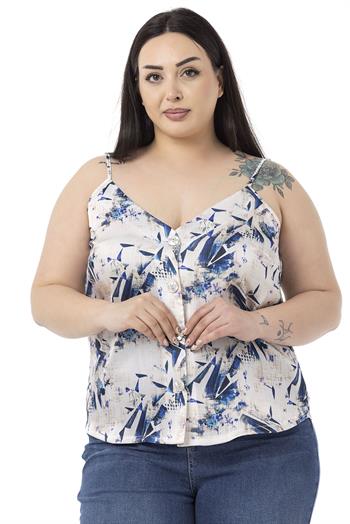 Plus Size Adjustable Thin Straps Front Buttoned Floral Patterned Navy Blue Blouse