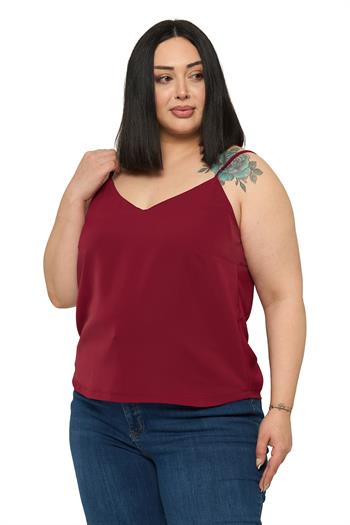 Büyük Beden Ayarlanabilir İnce Askılı V Yaka Bordo Bluz