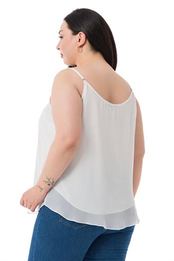 Büyük Beden Ayarlanabilir İnce Askılı Önü Pileli Astarlı Şifon Beyaz Bluz