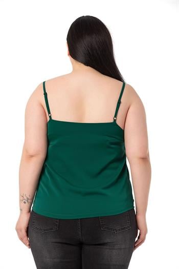 Büyük Beden Ayarlanabilir İnce Askılı V Yaka Zümrüt Bluz
