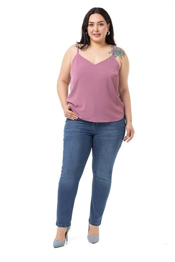 Büyük Beden Ayarlanabilir İnce Askılı V Yaka Gül Kurusu Bluz