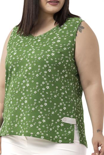 Büyük Beden Çiçek Desenli V Yaka Yanlarda Yırtmaç Detaylı Kolsuz Yeşil Bluz
