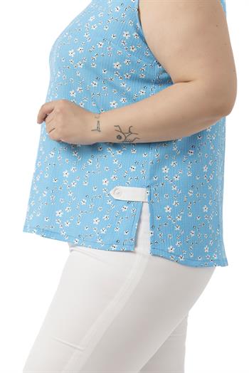 Büyük Beden Çiçek Desenli V Yaka Yanlarda Yırtmaç Detaylı Kolsuz Mavi Bluz