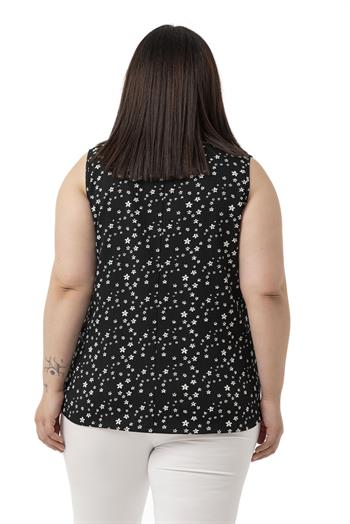 Büyük Beden Çiçek Desenli V Yaka Yanlarda Yırtmaç Detaylı Kolsuz Siyah Bluz