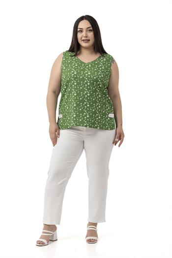 Büyük Beden Çiçek Desenli V Yaka Yanlarda Yırtmaç Detaylı Kolsuz Yeşil Bluz