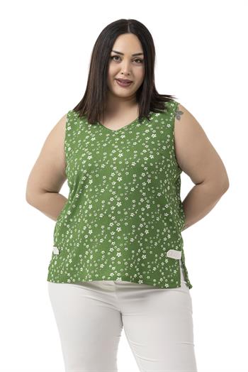 Büyük Beden Çiçek Desenli V Yaka Yanlarda Yırtmaç Detaylı Kolsuz Yeşil Bluz