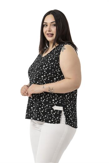 Büyük Beden Çiçek Desenli V Yaka Yanlarda Yırtmaç Detaylı Kolsuz Siyah Bluz