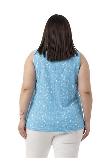 Büyük Beden Çiçek Desenli V Yaka Yanlarda Yırtmaç Detaylı Kolsuz Mavi Bluz