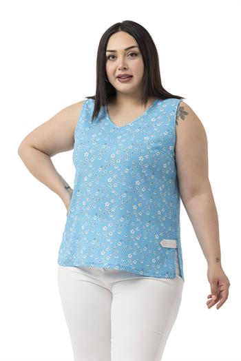 Büyük Beden Çiçek Desenli V Yaka Yanlarda Yırtmaç Detaylı Kolsuz Mavi Bluz
