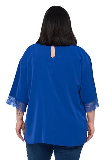 Büyük Beden Dantel Detaylı Yarım Kol Saks Mavi Bluz