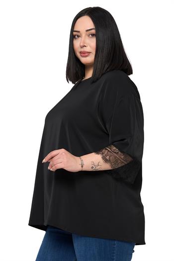 Büyük Beden Dantel Detaylı Yarım Kol Siyah Bluz