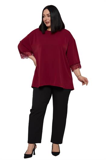 Büyük Beden Dantel Detaylı Yarım Kol Bordo Bluz